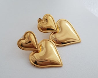 Pendientes de poste de corazón inflado Pendientes de corazón de oro Acero inoxidable impermeable Hecho a mano Regalo personalizado Minimalista Joyería elegante Corazón hinchado