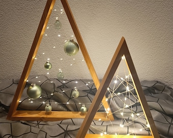 Solid wood Christmas tree with string lights and glass baubles / Triangular tree / LED wooden fir tree / Wooden fir tree with LEDs