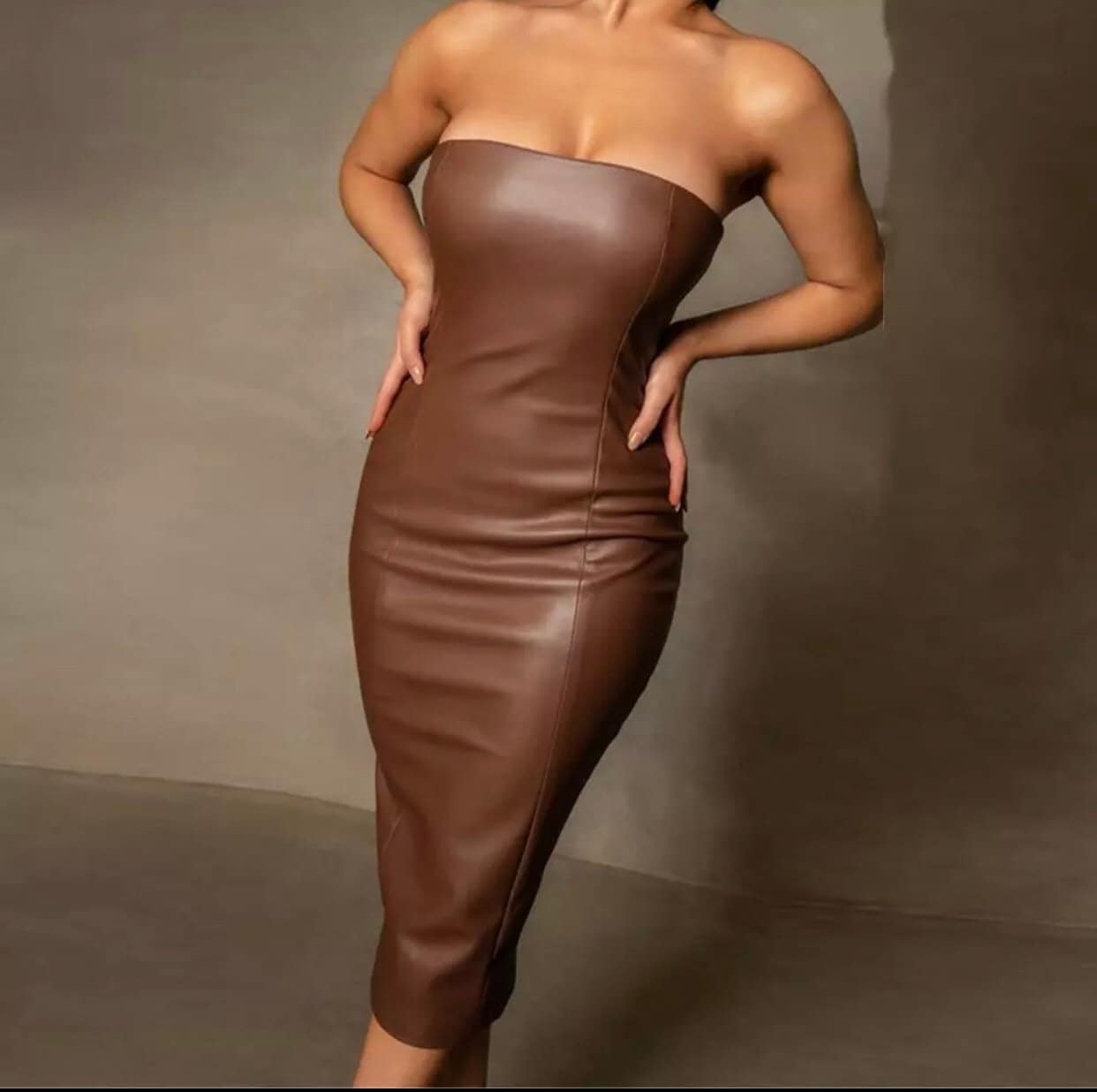 Brown Solid Color Vestidos Sleeveless Strapless Outfit Skinny