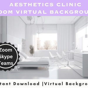 May include: A white room with a large window, two white chairs, a white desk, and a white bed. The room is decorated with white curtains and a white ceiling. The text "Zoom Skype Teams" is on a black circle in the lower left corner of the image.