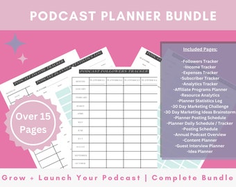 Paquete de planificación de podcasts: planificador de podcasts imprimible para lanzar y hacer crecer su podcast: libro de trabajo imprimible, lista de verificación y planificador