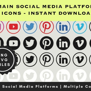 Social Media Icons - Multiple Colour Options - Main Social Media Platforms - Instant Downloads - Transparent Background Social Media Icons