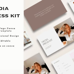 Puede incluir: Una plantilla de kit de prensa de Canva de 10 páginas. La plantilla presenta un diseño profesional con una paleta de colores neutros y una estética moderna. El texto "MEDIA PRESS KIT" se muestra en una fuente en negrita y sin serifas.