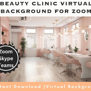 May include: A virtual background image for Zoom, Skype, and Teams featuring a beauty clinic interior. The image showcases a room with pink walls, curtains, and chairs, with white tables and gold light fixtures. Text at the top reads "BEAUTY CLINIC VIRTUAL BACKGROUND FOR ZOOM".