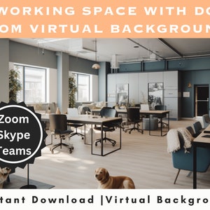 Könnte beinhalten: Ein virtueller Hintergrundbild eines modernen Büroarbeitsplatzes mit zwei Hunden, mit einem großen Fenster, Holzböden und mehreren Schreibtischen mit Stühlen. Der Text "Zoom Skype Teams" ist auf einem schwarzen Sternensticker abgebildet.