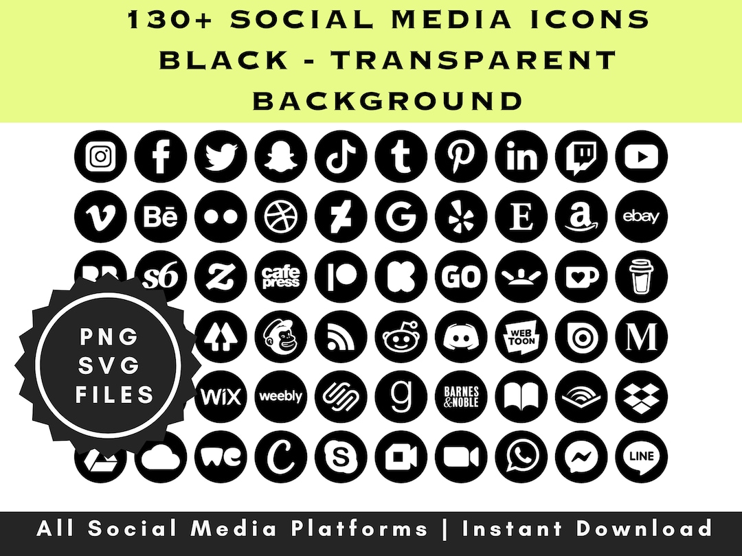 Black Social Media Icons - Over 130 Icons - All Social Media Platforms