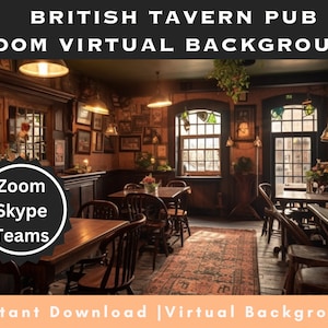 Puede incluir: Una imagen de fondo virtual de un pub británico tradicional con paneles de madera oscura, paredes de ladrillo visto y una barra de madera desgastada. El pub está tenuemente iluminado con luz cálida, y hay varias mesas y sillas dispuestas para los clientes. La imagen es ideal para usar en aplicaciones de videoconferencia como Zoom, Skype y Teams.