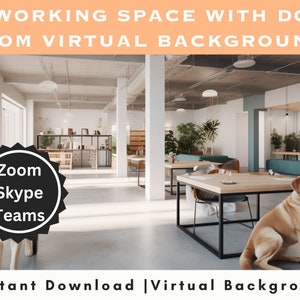 Könnte beinhalten: Ein virtueller Hintergrund mit einem modernen Büro, in dem ein Hund auf dem Boden sitzt. Das Büro ist in einem hellen Grauton gehalten und verfügt über Holztische und -stühle. Der Text "Zoom Skype Teams" befindet sich auf einem schwarzen Kreis in der linken unteren Ecke des Bildes. Der Text "Sofort herunterladen | Virtueller Hintergrund" befindet sich am unteren Rand des Bildes.