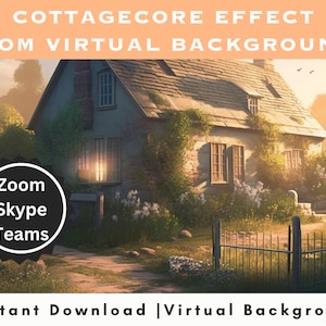 May include: A cottagecore style virtual background featuring a stone cottage with a wooden door and windows, surrounded by lush greenery and a wrought iron gate. The background is perfect for Zoom, Skype, and Teams video calls.