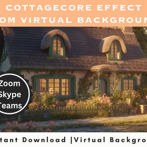 May include: A cottagecore style virtual background featuring a stone cottage with a thatched roof, green windows, and a lush garden with pink flowers. The text "Zoom Skype Teams" is on a black circle in the foreground.