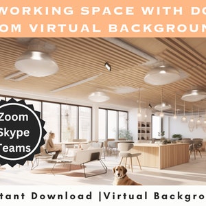 Könnte beinhalten: Ein virtueller Hintergrund mit einem modernen Büro mit Holzboden, einem großen Fenster und einem Hund, der im Vordergrund sitzt. Der Text "Zoom Skype Teams" befindet sich auf einem schwarzen Kreis in der linken unteren Ecke. Der Text "Sofort herunterladen | Virtueller Hintergrund" befindet sich am unteren Rand des Bildes.