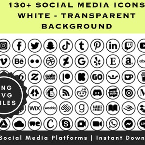White Social Media Icons - Over 130 Icons - All Social Media Platforms - Instant Downloads - Transparent Background - Multiple Uses - Bundle