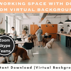 Könnte beinhalten: Ein virtueller Hintergrundbild, das einen Coworking-Space mit Hunden zeigt. Das Bild zeigt ein modernes Büro mit einem großen Fenster, einem Schreibtisch und einem Stuhl. Es sind mehrere Hunde auf dem Bild zu sehen, darunter ein Golden Retriever, ein schwarzer Labrador und ein weißer Pudel. Das Bild enthält auch einen Textüberlagerung, der "Zoom, Skype, Teams" lautet.