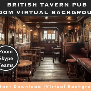 Puede incluir: Una imagen de fondo virtual de un interior de pub británico tradicional con paneles de madera oscura, una barra, mesas, sillas y una escalera. La imagen es adecuada para usar en aplicaciones de videoconferencia como Zoom, Skype y Teams.