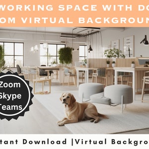 以下が含まれることがあります： 現代の共同作業スペースと、その上に座っている犬が写っているバーチャル背景画像。スペースには木製の机、椅子、植物があります。テキスト「Zoom Skype Teams」は黒い星形の中にあります。