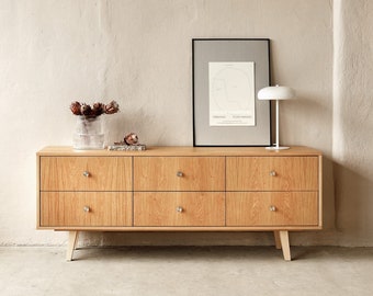 Mid century sideboard, tv cabinet, tv stand oak veneer 6 drawers "CROWN". Scandinavian and loft style. Hand made