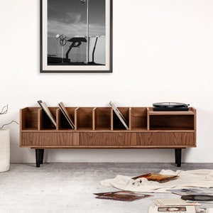 Open cabinet for vinyl records and books walnut &quot;POPPY&quot;. Vinyl records storage. Scandinavian and loft style. Hand-made