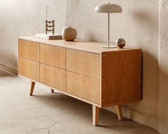 Mid century sideboard, tv cabinet, tv stand oak veneer 6 drawers "CROWN". Scandinavian and loft style. Hand made