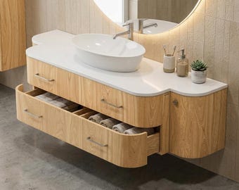 MISTY bathroom cabinet with washbasin and countertop – natural oak veneer, 2 drawers, custom-made furniture