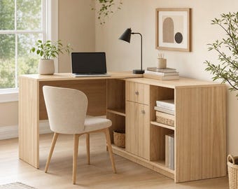 Corner desk with cabinet and shelves, veneered wood, custom-made, office and living room furniture