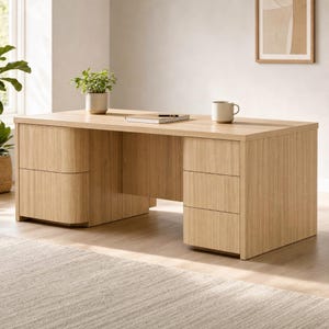 Houten bureau met lades en planken, vrijstaand, verkrijgbaar in vele kleuren en breedtes.