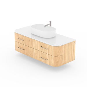 May include: A modern bathroom vanity with a light wood grain finish. It features two drawers with silver handles, a white countertop, a white oval sink, and a silver faucet. The design is minimalist and contemporary.