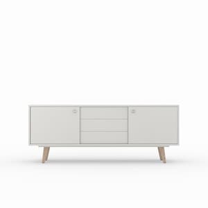 May include: A white sideboard with two doors and three drawers. The sideboard has wooden legs and silver handles.