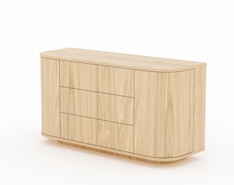 Custom-made chest of drawers with rounded sides, oak or walnut veneer, many colors