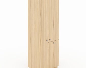 Tall bathroom cabinet with laundry basket, column with rounded front, veneer or MDF varnish