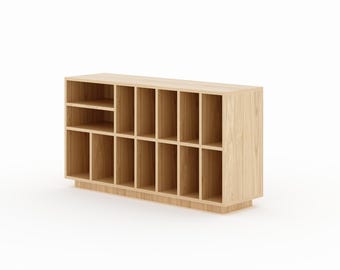Custom vinyl shelf for living room and music room, wood veneer or varnished MDF