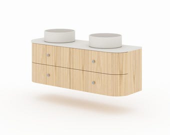 Bathroom cabinet for a double sink, custom-made, rounded sides, many colors