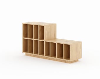 Vinyl record cabinet for the living room, stepped shape and open vertical partitions