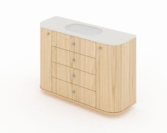 Bathroom cabinet with under-counter washbasin, rounded sides and three drawers