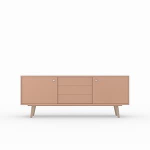May include: A light brown wooden sideboard with two doors and three drawers. The sideboard has silver knobs and sits on four wooden legs.