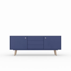 May include: A blue sideboard with two doors and three drawers. The sideboard has wooden legs and silver door knobs.
