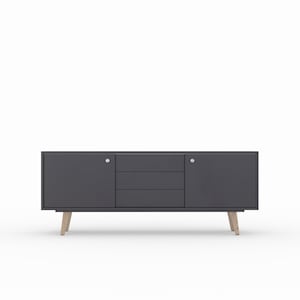 May include: A dark gray sideboard with two doors and three drawers. The sideboard has wooden legs and silver door handles.