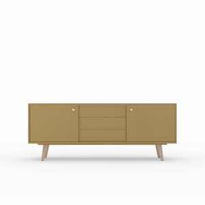May include: A mid-century modern style sideboard with two doors and three drawers. The sideboard is made of wood and has a light brown finish. The doors and drawers have silver knobs.