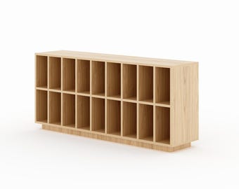 Open vinyl record shelf for the audio zone, oak, walnut or MDF veneer, on request