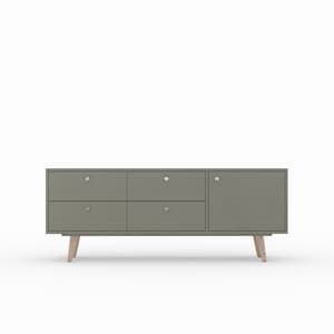 May include: A gray wooden media console with four drawers and a cabinet door. The console has a modern design with simple lines and a light wood finish on the legs.