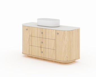 Bathroom cabinet for a double sink, custom-made, rounded sides, many colors