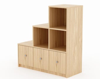 Custom-made stepped bookcase, oak or walnut veneer, lacquered MDF