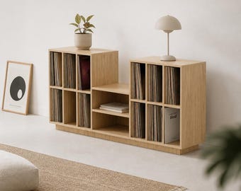 Vinyl cabinet for the living room, open compartments, shelves for audio equipment