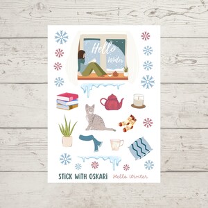 Autocollant décoratif Hello Winter avec feuille de couverture autocollant neige et chat ou bullet journal mensuel autocollant hiver cosy