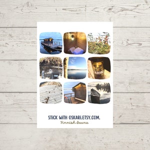 foglio adesivo sauna finlandese, 9 adesivi fotografici sul tema sauna, vacanza, circolo polare artico, lago per il tuo planner o bullet journal, scrapbooking