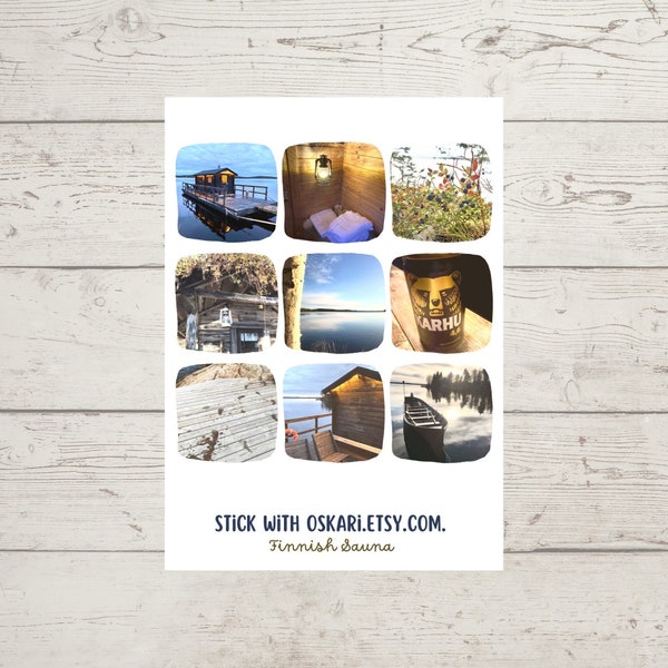 sticker sheet finnish sauna, 9 photo stickers on the subject of sauna, vacation, arctic circle, lake for your planner or bullet journal, scrapbooking