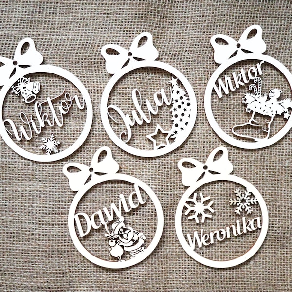 Personalized Christmas Ornaments, Custom Christmas tree Decor Wood Xmas decor, Laser Cut Names, Christmas Bauble, Gift Tags Name White Color