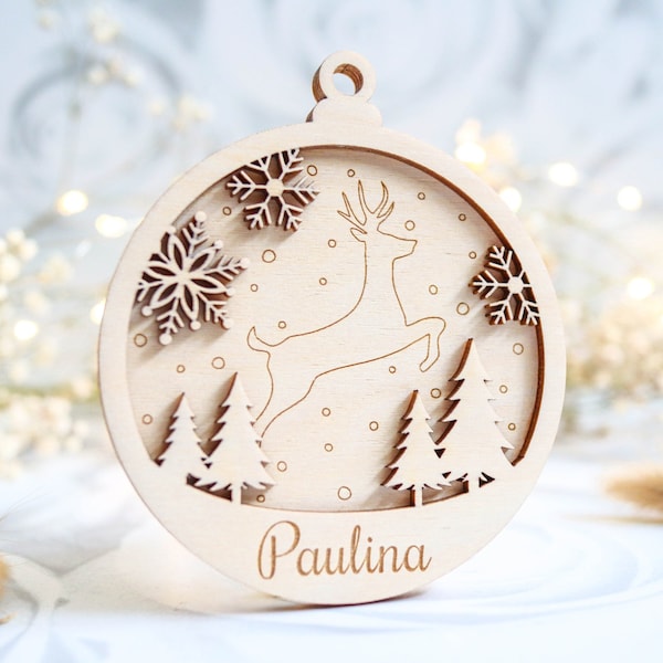 Personalized Christmas Bauble with Deer Family , Xmas Ornaments, Custom Christmas Tree Decoration, Weihnachtskugel mit Namen, Name Ornament