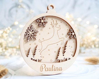 Pallina di Natale personalizzata con famiglia di cervi, ornamenti natalizi, decorazione personalizzata dell'albero di Natale, Weihnachtskugel mit Namen, ornamento con nome