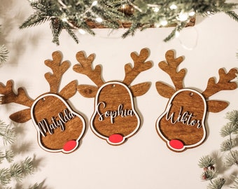 Pallina di renna Ornamenti natalizi personalizzati Decor Decorazioni natalizie Etichette personalizzate per calze per albero Etichetta regalo Nome in legno personalizzato Natale dipinto
