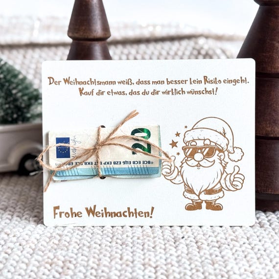 Geldgeschenk Weihnachten – Lustige Holzkarte mit Santa und Spruch, Karte für Geld oder Gutschein, handgemachtes Weihnachtsgeschenk